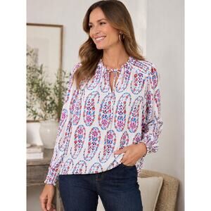 Talbots Medium Boho Floral Paisley Blouse Tie Neck Smocked Long Sleeve Rayon Top